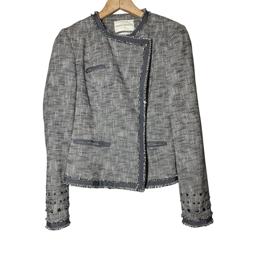 Banana Republic Tweed Blazer Jacket Size 4 Gray Studded Sleeves Italian Fabric
